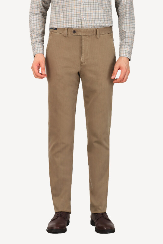 Erkek Bej Regular Fit Kanvas Spor Çizgili Pantolon