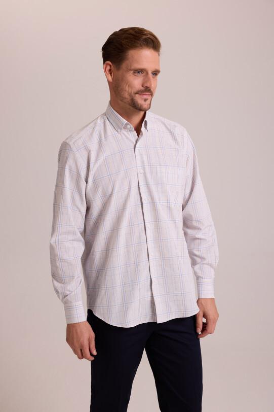 Erkek Bej Regular Fit Kareli Düğmeli Yaka Pamuklu Gömlek