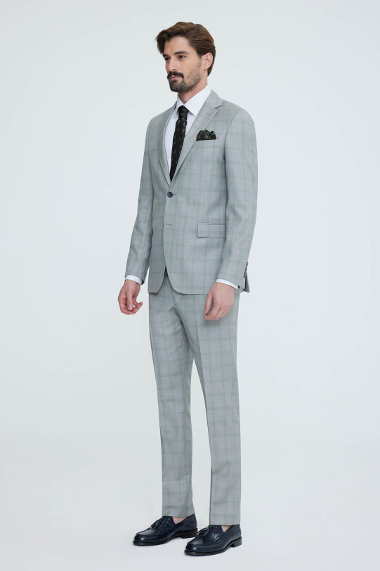 Erkek Bej Regular Fit Kareli Mono Yaka Takım Elbise