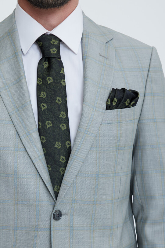 Erkek Bej Regular Fit Kareli Mono Yaka Takım Elbise