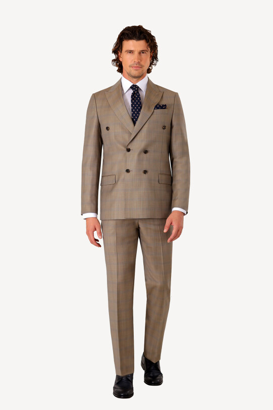 Erkek Bej Regular Fit Kruvaze Kareli Takım Elbise