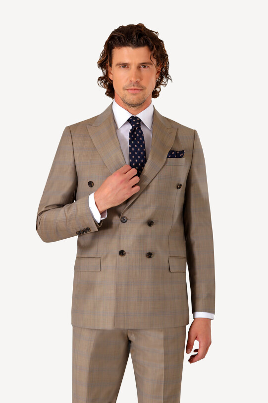 Erkek Bej Regular Fit Kruvaze Kareli Takım Elbise