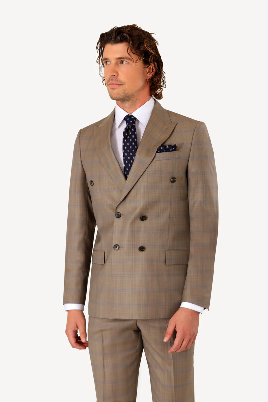 Erkek Bej Regular Fit Kruvaze Kareli Takım Elbise