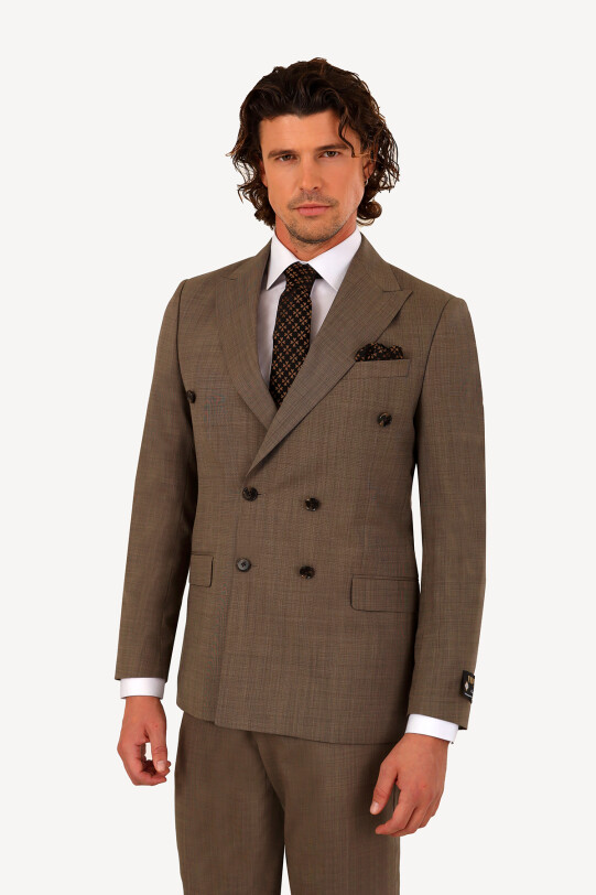 Erkek Bej Regular Fit Kruvaze Takım Elbise