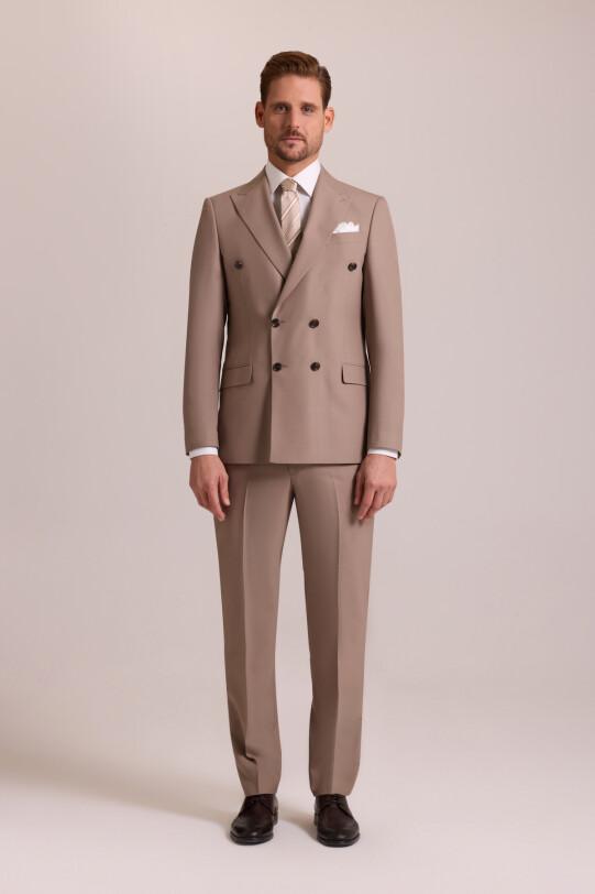 Erkek Bej Regular Fit Kruvaze Yün Takım Elbise