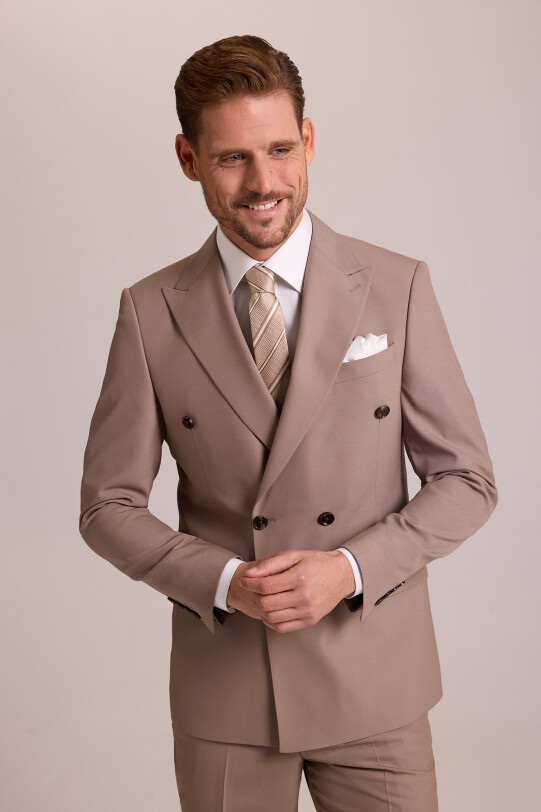 Erkek Bej Regular Fit Kruvaze Yün Takım Elbise