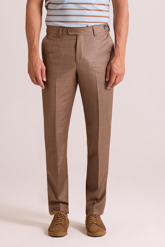 Erkek Bej Regular Fit Yün Kumaş Pantolon