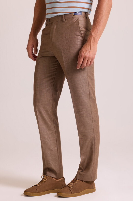 Erkek Bej Regular Fit Yün Kumaş Pantolon