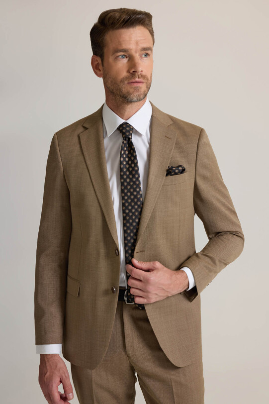 Erkek Bej Regular Fit Mono Yaka %100 Yün Takım elbise