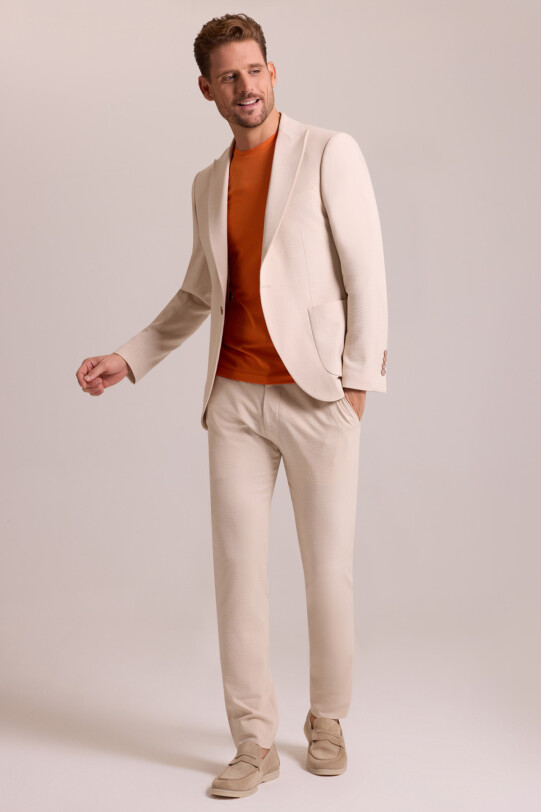 Erkek Bej Regular Fit Mono Yaka Gofre Desenli Takım Elbise