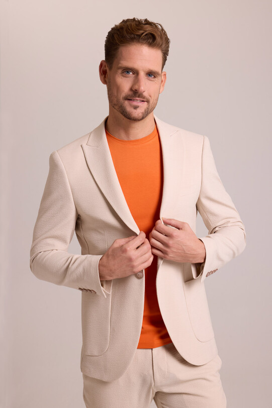 Erkek Bej Regular Fit Mono Yaka Gofre Desenli Takım Elbise