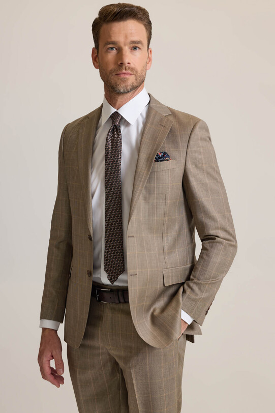 Erkek Bej Regular Fit Mono Yaka Kareli %100 Yün Takım Elbise