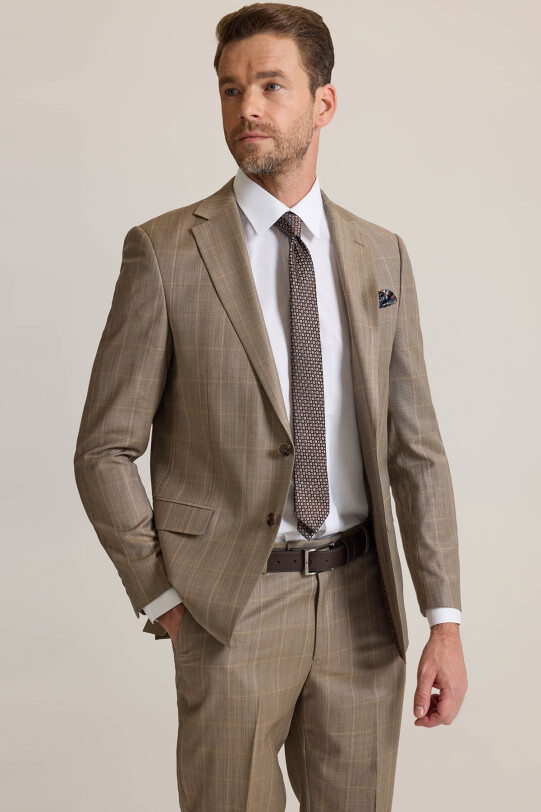 Erkek Bej Regular Fit Mono Yaka Kareli %100 Yün Takım Elbise