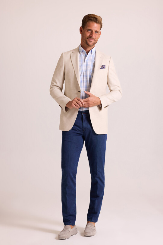 Erkek Bej Regular Fit Mono Yaka Keten Ceket