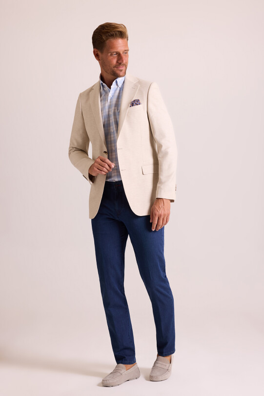 Erkek Bej Regular Fit Mono Yaka Keten Ceket