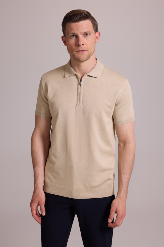 Erkek Bej Regular Fit Polo Yaka Fermuarlı Triko Tişört
