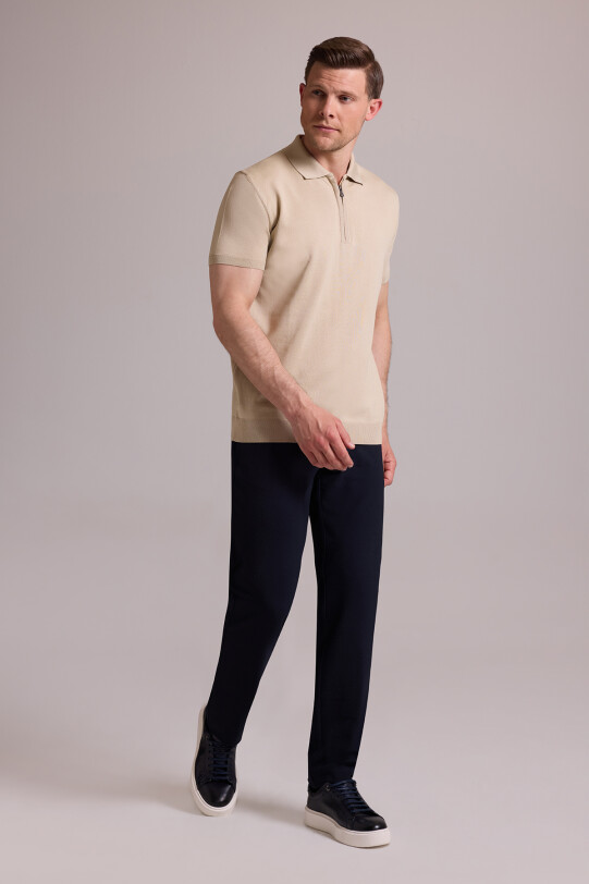 Erkek Bej Regular Fit Polo Yaka Fermuarlı Triko Tişört