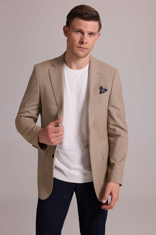 Erkek Bej Regular Fit Spor Keten Ceket