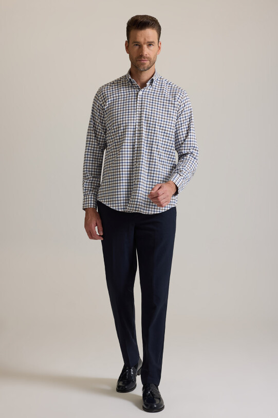 Erkek Bej Regular Fit Yaka Düğmeli Kareli Pamuklu Gömlek