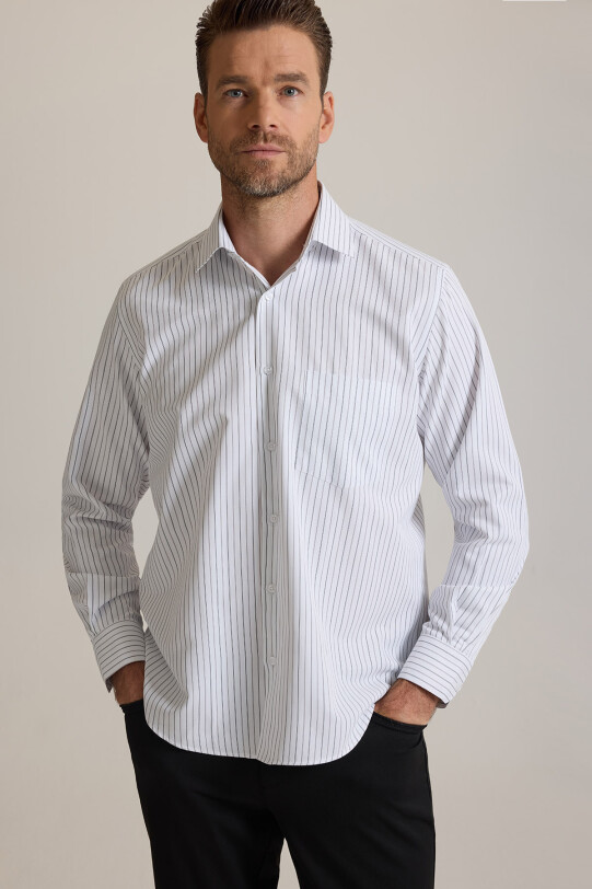 Erkek Bej Siyah Çizgili Regular Fit Çizgili Pamuklu Gömlek