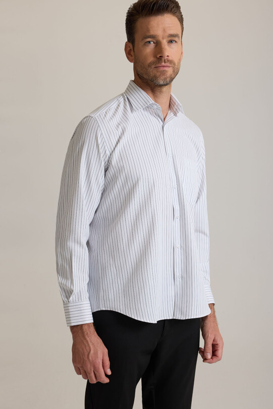 Erkek Bej Siyah Çizgili Regular Fit Çizgili Pamuklu Gömlek