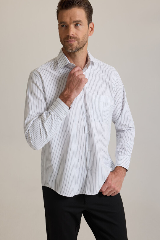 Erkek Bej Siyah Çizgili Regular Fit Çizgili Pamuklu Gömlek