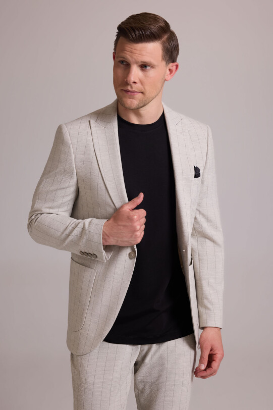 Erkek Bej Slim Fit Çizgili Tek Düğmeli Jogger Pantolonlu Takım Elbise