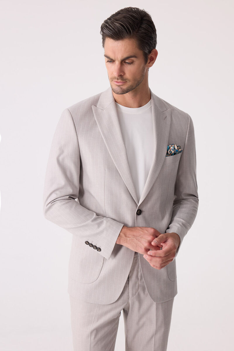 Erkek Bej Slim Fit Çizgili Torba Cep Jogger Pantolonlu Sivri Yaka Takım Elbise - 2