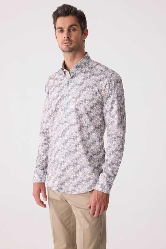 Erkek Bej Slim Fit Gizli Yaka Düğmeli Gömlek