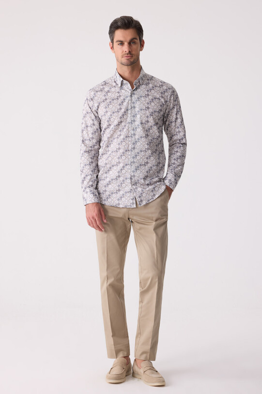 Erkek Bej Slim Fit Gizli Yaka Düğmeli Gömlek