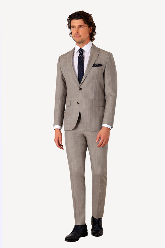 Erkek Bej Slim Fit Kareli Takım Elbise