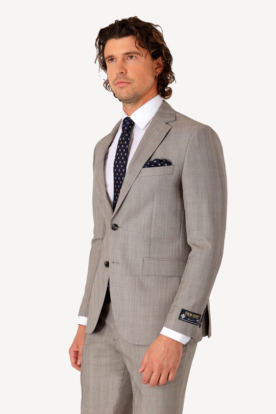 Erkek Bej Slim Fit Kareli Takım Elbise