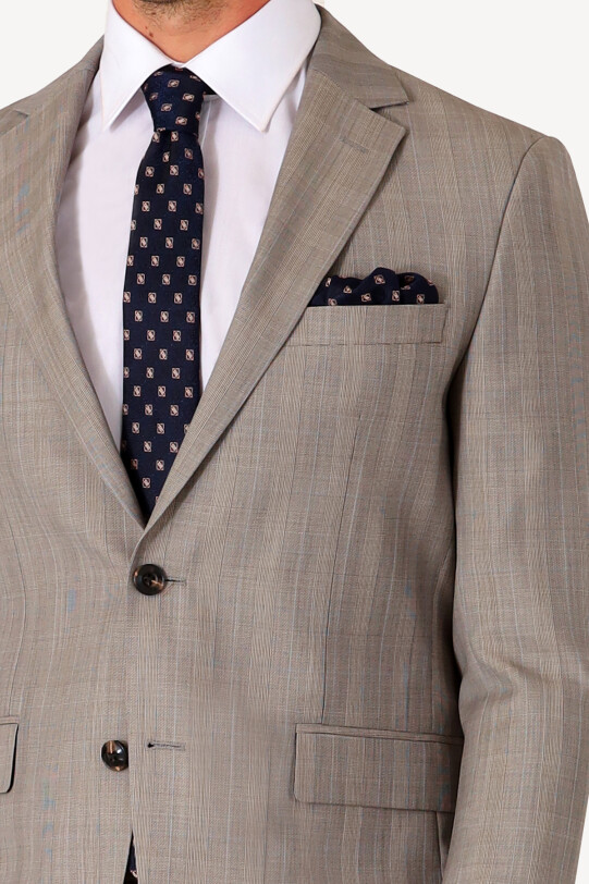 Erkek Bej Slim Fit Kareli Takım Elbise