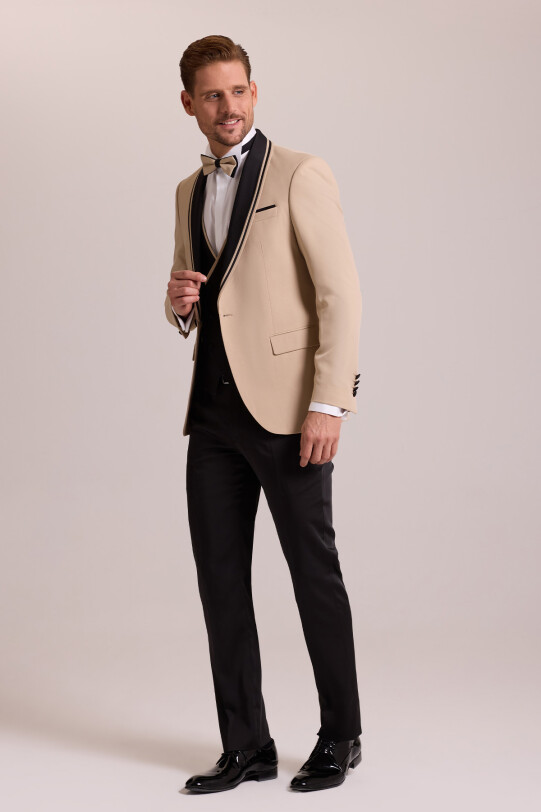 Erkek Bej Slim Fit Şal Yaka Yelekli Damatlık