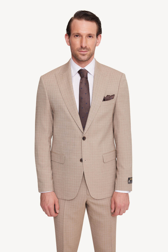 Erkek Bej Slim Fit Sivri Yaka Takım Elbise