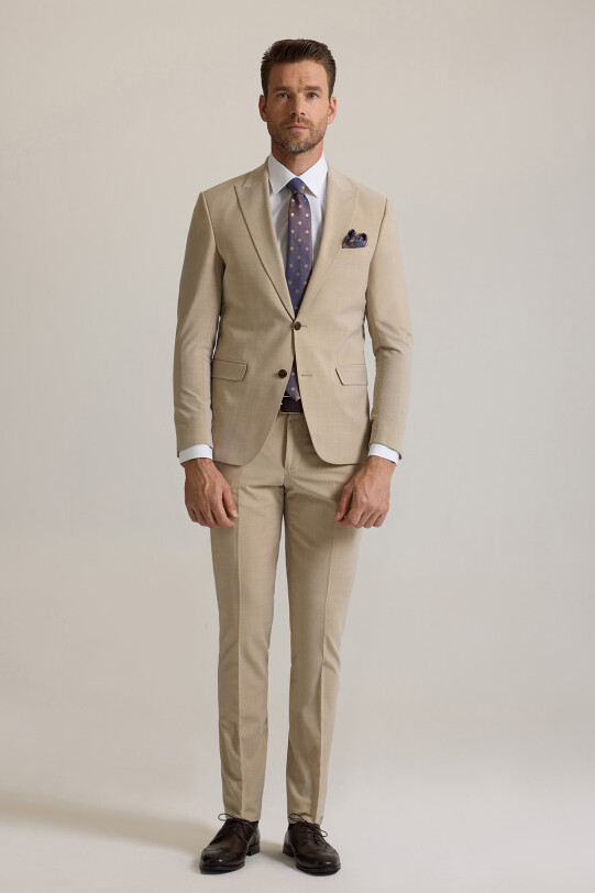 Erkek Bej Slim Fit Sivri Yaka Takım Elbise