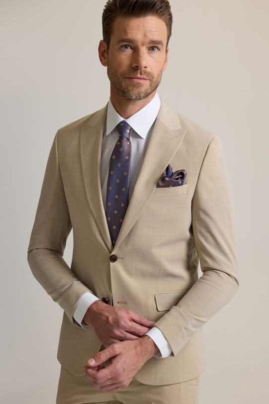 Erkek Bej Slim Fit Sivri Yaka Takım Elbise