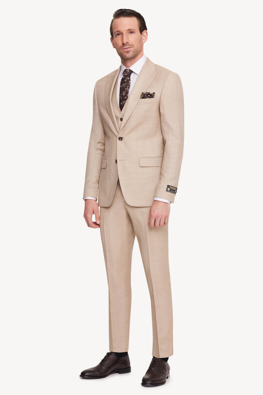 Erkek Bej Slim Fit Sivri Yaka Takım Elbise