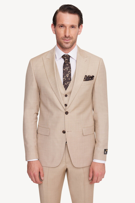 Erkek Bej Slim Fit Sivri Yaka Takım Elbise