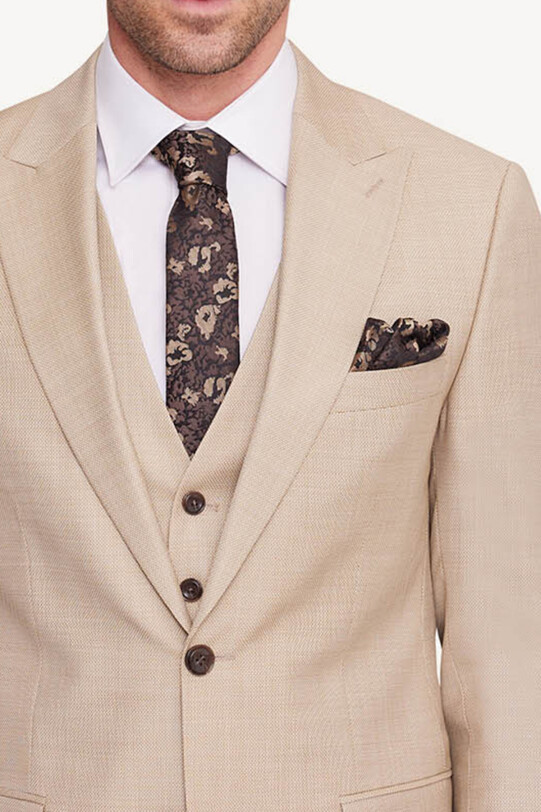 Erkek Bej Slim Fit Sivri Yaka Takım Elbise