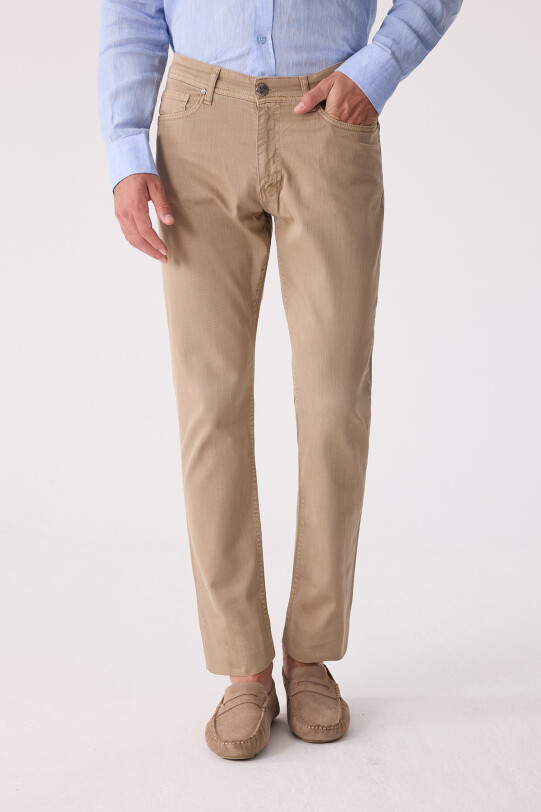 Erkek Bej Slim Fit Üst Cep Kanvas Pantolon
