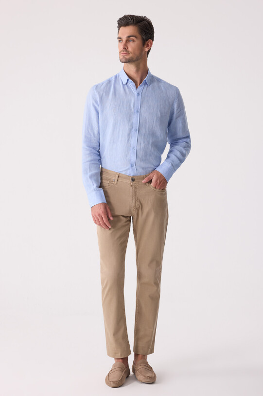 Erkek Bej Slim Fit Üst Cep Kanvas Pantolon