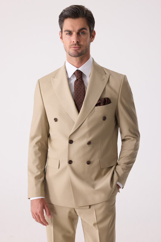 Erkek Bej Slim Fit Yün Kruvaze Takım Elbise