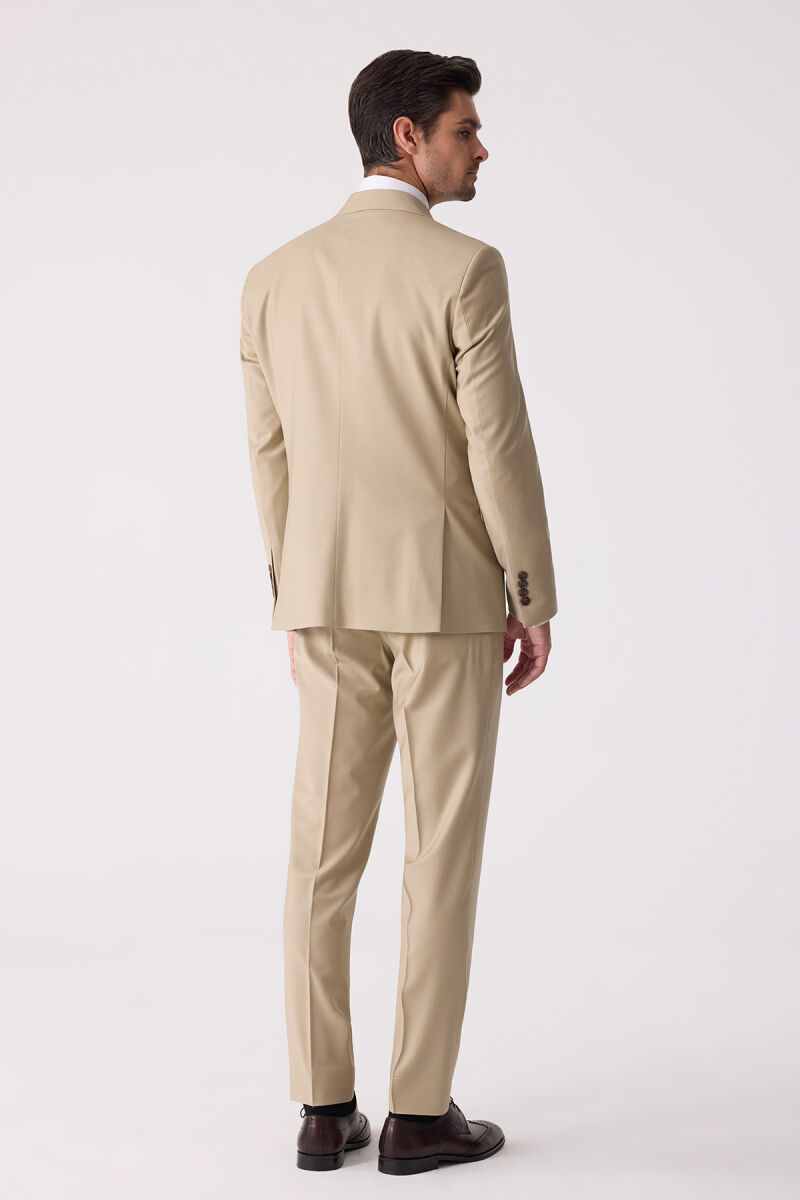 Erkek Bej Slim Fit Yün Kruvaze Takım Elbise - 12