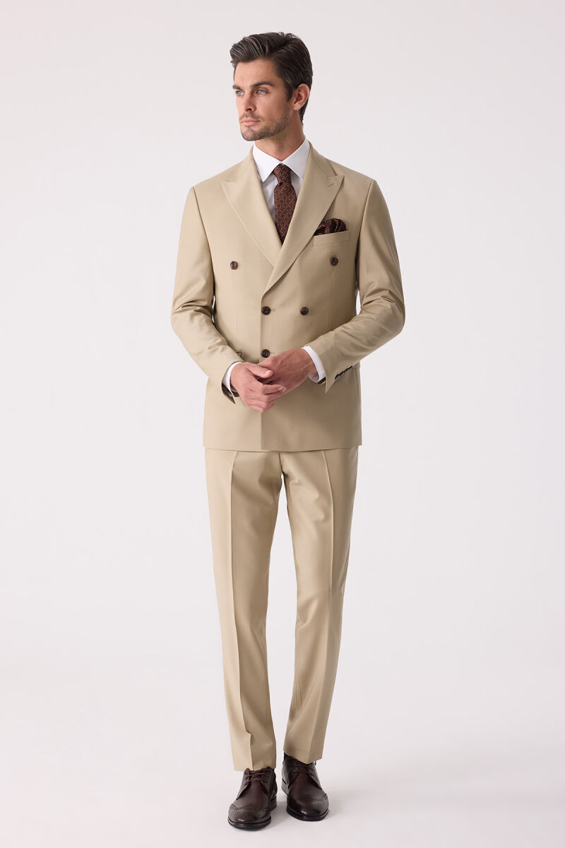 Erkek Bej Slim Fit Yün Kruvaze Takım Elbise - 3