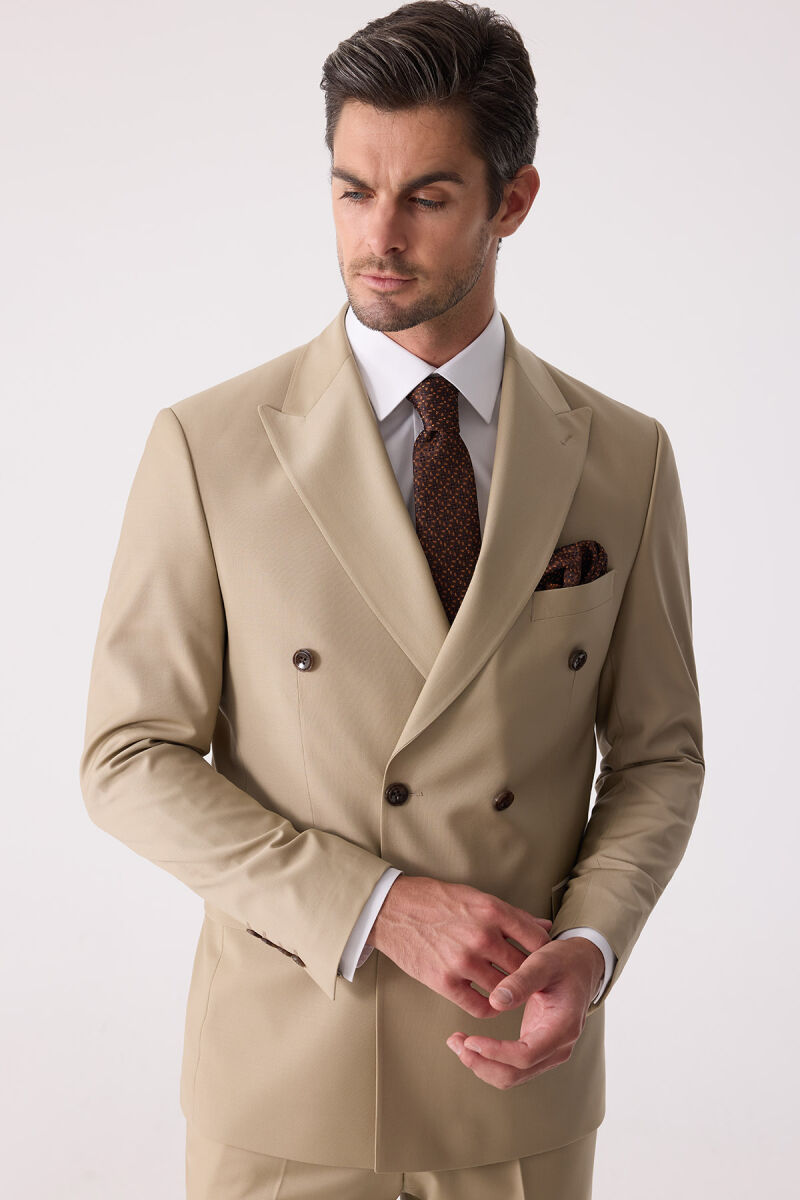 Erkek Bej Slim Fit Yün Kruvaze Takım Elbise - 7