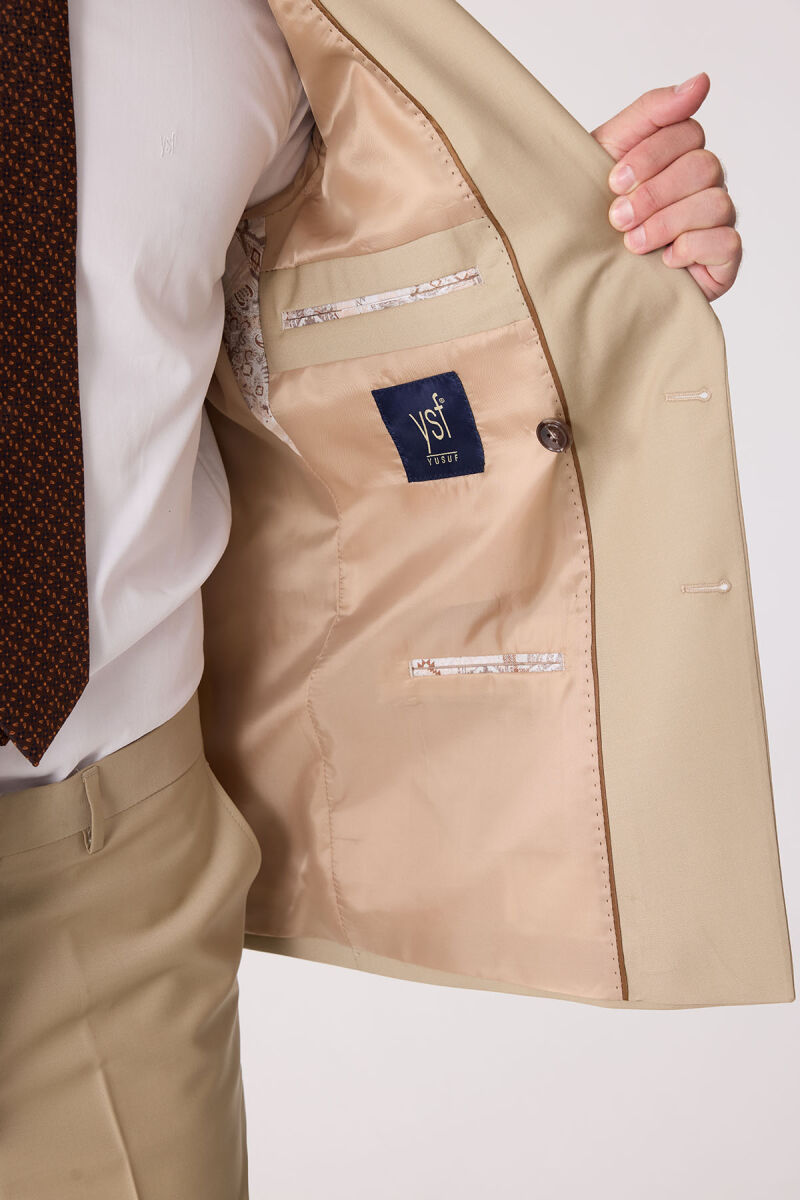 Erkek Bej Slim Fit Yün Kruvaze Takım Elbise - 9