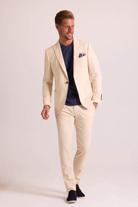 Erkek Bej Takım Elbise Keten Slim Fit Sivri Yaka