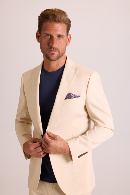 Erkek Bej Takım Elbise Keten Slim Fit Sivri Yaka