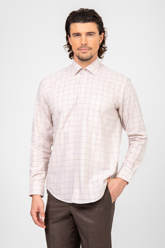 Erkek Bej Uzun Kol Kareli Regular Fit Gömlek